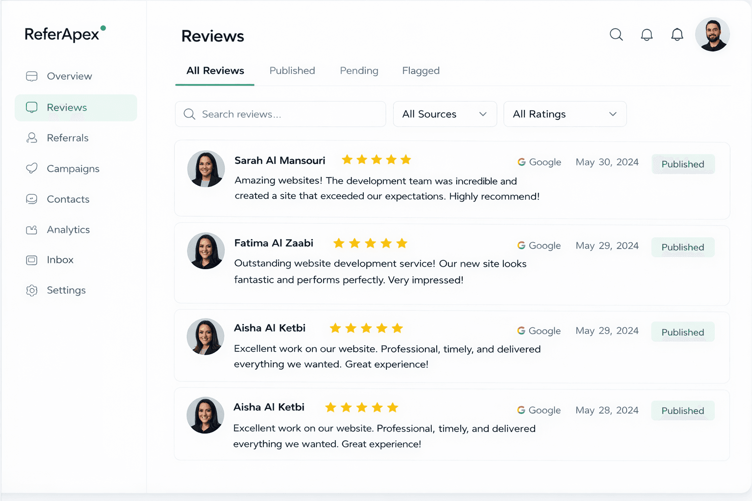 Iqrava reviews management screen